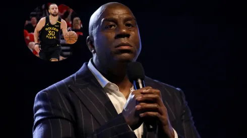 Magic Johnson speaks to the crowd before the 69th NBA All-Star Game at the United Center on February 16, 2020 in Chicago, Illinois.