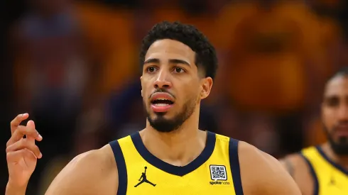 Tyrese Haliburton #0 of the Indiana Pacers reacts against the New York Knicks during the second quarter in Game Three of the Eastern Conference Finals of the 2025 NBA Playoffs