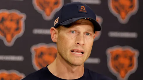 Head coach Ben Johnson of the Chicago Bears speaks to the media after Chicago Bears OTA Offseason Workout at Halas Hall on June 03, 2025 in Lake Forest, Illinois.