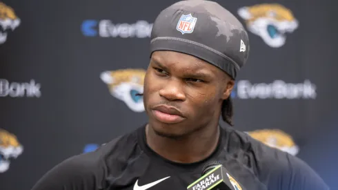 Travis Hunter #12 of the Jacksonville Jaguars speaks to the Media during Jacksonville Jaguars Rookie Minicamp at Miller Electric Center on May 10, 2025 in Jacksonville, Florida.