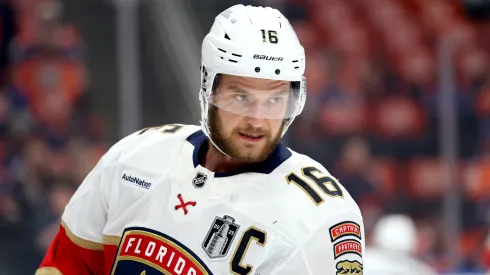 Aleksander Barkov #16 of the Florida Panthers warms up prior to a game against the Edmonton Oilers in Game Two of the 2025 Stanley Cup Final at Rogers Place on June 06, 2025.