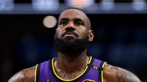 LeBron James #23 of the Los Angeles Lakers looks on against the Dallas Mavericks.