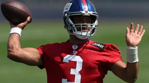 Russell Wilson #3 of the New York Giants during a New York Giants practice session at NY Giants Quest Diagnostics Training Center on June 12, 2025 in East Rutherford, New Jersey.