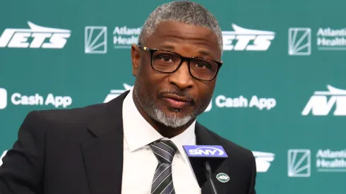 New York Jets head coach Aaron Glenn is introduced to the media at Atlantic Health Jets Training Center on January 27, 2025 in Florham Park, New Jersey.