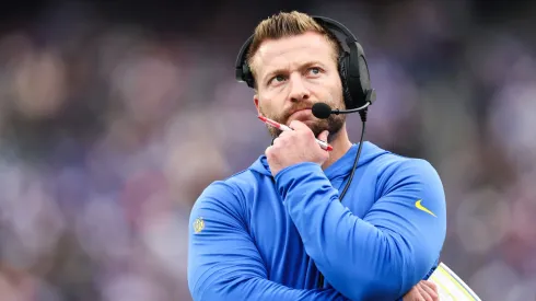 Head coach Sean McVay of the Los Angeles Rams looks on during the first half against the New York Giants at MetLife Stadium on December 31, 2023 in East Rutherford, New Jersey.