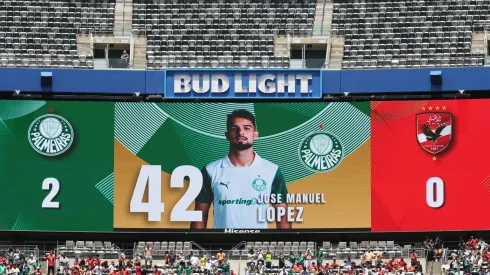 The LED screen displays the name, number and picture of the Jose Manuel Lopez #42 of Palmeiras (not pictured) who scores his team's second goal during the FIFA Club World Cup 2025 group A match between SE Palmeiras and Al Ahly SC.