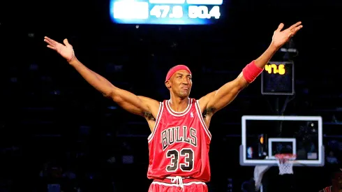Scottie Pippen of the Chicago team celebrates after sinking a half-court shot in the Haier Shooting Stars Competition during NBA All-Star