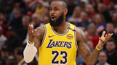 LeBron James #23 of the Los Angeles Lakers reacts against the Chicago Bulls during the second half at the United Center on March 27, 2025 in Chicago, Illinois.