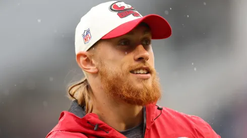 George Kittle #85 of the San Francisco 49ers looks on prior to the game against the Chicago Bears at Soldier Field on September 11, 2022 in Chicago, Illinois.