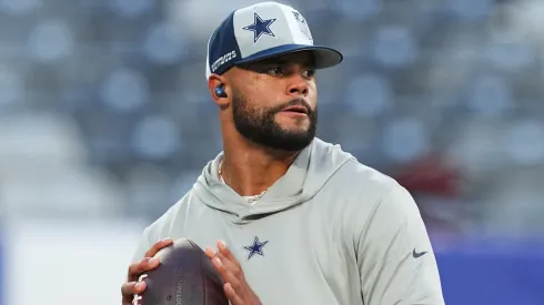 Dak Prescott #4 of the Dallas Cowboys warms up prior to a game against the New York Giants at MetLife Stadium on September 10, 2023 in East Rutherford, New Jersey.