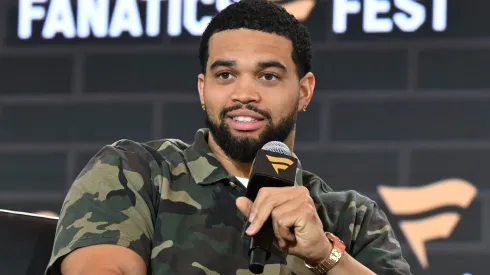 Caleb Williams speaks on stage for the Franchise Faces panel during Fanatics Fest NYC 2025 at Javits Center on June 20, 2025 in New York City.