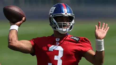 Russell Wilson #3 of the New York Giants during a New York Giants practice session at NY Giants Quest Diagnostics Training Center on June 12, 2025 in East Rutherford, New Jersey.