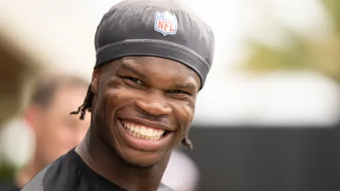 Travis Hunter #12 of the Jacksonville Jaguars speaks to the Media during Jacksonville Jaguars Rookie Minicamp at Miller Electric Center on May 10, 2025 in Jacksonville, Florida.