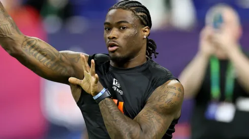 Jalen Milroe #QB11 of Alabama participates in a drill during the NFL Scouting Combine at Lucas Oil Stadium on March 01, 2025 in Indianapolis, Indiana.