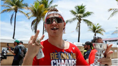 Matthew Tkachuk #19 of the Florida Panthers celebrates on the street during the Florida Panthers 2025 Stanley Cup Victory Parade and Rally on June 22, 2025 on Fort Lauderdale Beach, Florida.