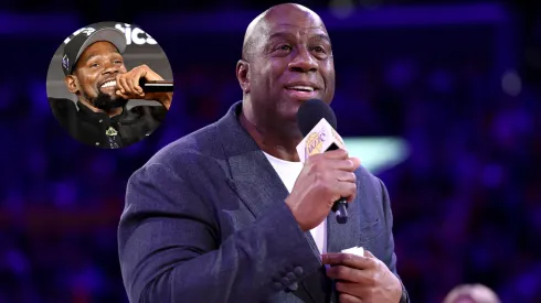 Kevin Durant and Magic Johnson speaks to the fans during the jersey retirement of Michael Cooper during halftime of the game between the Los Angeles Lakers and the San Antonio Spurs