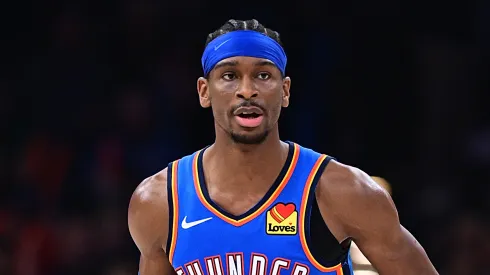 Shai Gilgeous-Alexander #2 of the Oklahoma City Thunder brings the ball up court during the second half against the San Antonio Spurs