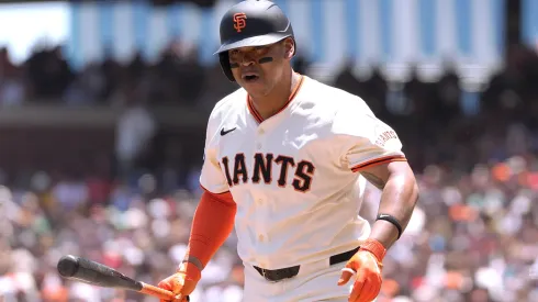 Rafael Devers #16 of the San Francisco Giants reacts after striking out against the Boston Red Sox in the bottom of the first inning at Oracle Park on June 22, 2025 in San Francisco, California.