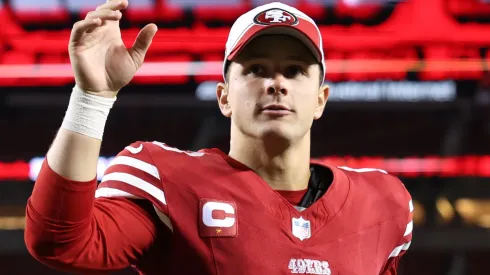 Brock Purdy #13 of the San Francisco 49ers reacts after a 42-10 victory against the Dallas Cowboys at Levi's Stadium on October 08, 2023 in Santa Clara, California.