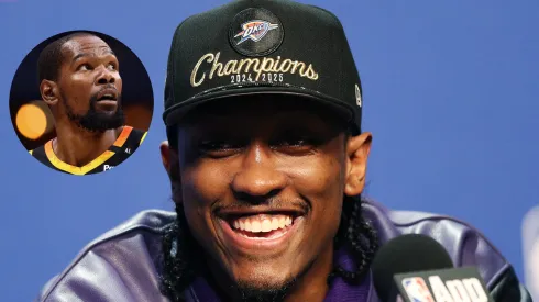 Jalen Williams #8 of the Oklahoma City Thunder looks on during the press conference after defeating the Indiana Pacers in Game Seven of the 2025 NBA Finals.