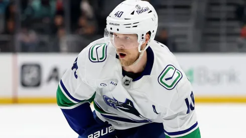 Elias Pettersson skates during a Canucks home game, as speculation swirls ahead of his no-movement clause taking effect on July 1.