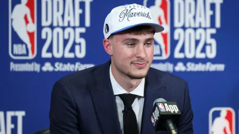 Cooper Flagg of the Dallas Mavericks speaks to the media after being drafted first overall during the 2025 NBA Draft at Barclays Center on June 25, 2025.