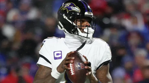Lamar Jackson #8 of the Baltimore Ravens steps back to pass against the Buffalo Bills in the third quarter during the AFC Divisional Playoff at Highmark Stadium on January 19, 2025 in Orchard Park, New York.