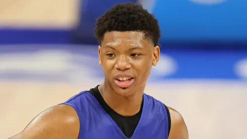Ace Bailey #21 looks on during the 2025 NBA Draft Combine at Wintrust Arena on May 13, 2025 in Chicago, Illinois.