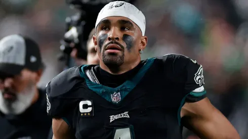 Jalen Hurts #1 of the Philadelphia Eagles runs into the locker room during halftime against the New York Giants at Lincoln Financial Field on December 25, 2023 in Philadelphia, Pennsylvania.