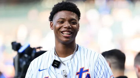 NBA draft prospect Ace Bailey looks on before throwing out the first pitch before the game between the New York Mets and the Tampa Bay Rays at Citi Field on June 24, 2025.