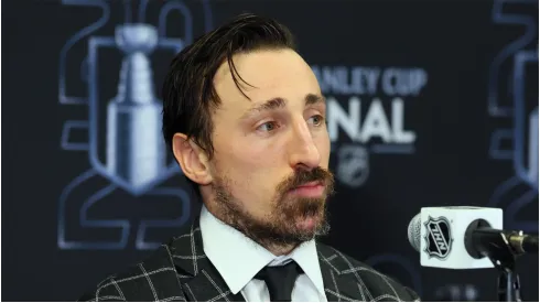 Brad Marchand #63 of the Florida Panthers speaks with the media following the game against the Edmonton Oilers during Game Three of the 2025 NHL Stanley Cup Final at Amerant Bank Arena on June 09, 2025 in Sunrise, Florida.