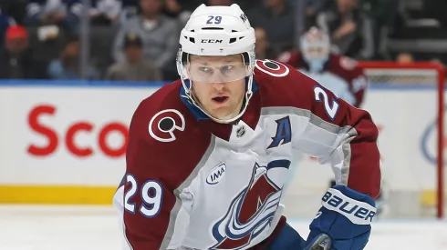 Nathan MacKinnon #29 of the Colorado Avalanche skates to the attack against the Toronto Maple Leafs during the first period in an NHL game at Scotiabank Arena on March 19, 2025 in Toronto, Ontario, Canada.