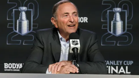 NHL commissioner Gary Bettman speaks to the media prior to Game One of the 2025 Stanley Cup Final between the Florida Panthers and the Edmonton Oilers at Rogers Place on June 04, 2025 in Edmonton, Alberta, Canada.