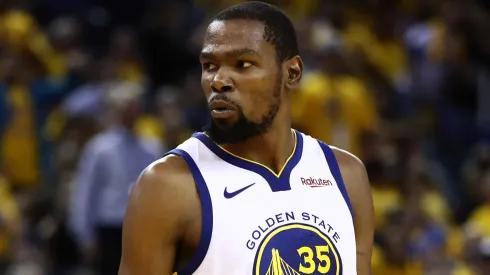 Kevin Durant #35 of the Golden State Warriors reacts after making a basket against the LA Clippers during Game One of the first round of the 2019 NBA Western Conference Playoffs at ORACLE Arena on April 13, 2019 in Oakland, California.