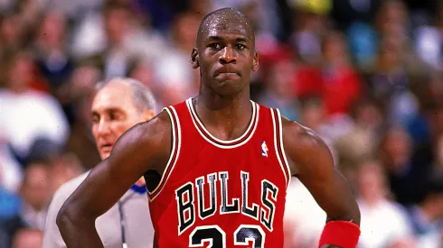 Michael Jordan #23 of the Chicago Bulls looks on during the game.