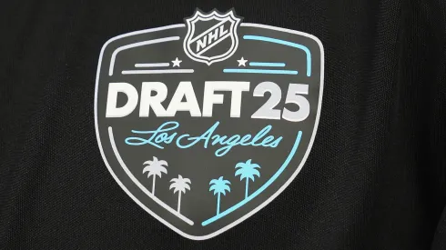 A close up view of the NHL Draft logo photographed during the National Hockey League Top Prospects Media Availability at the JW Marriott LA Live on June 26, 2025.