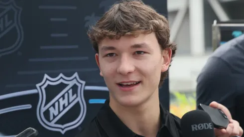 Matthew Schaefer speaks with the media during the National Hockey League Top Prospects Media Availability at the JW Marriott LA Live on June 26, 2025.