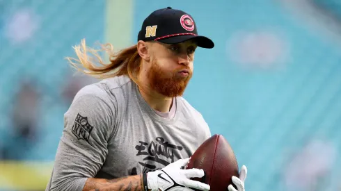 George Kittle #85 of the San Francisco 49ers warms up before playing the Miami Dolphins at Hard Rock Stadium on December 22, 2024 in Miami Gardens, Florida.