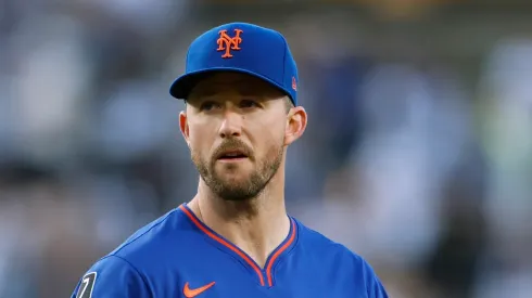 Griffin Canning #46 of the New York Mets reacts as he leaves the mound after a three up three down inning during the first inning against the Los Angeles Dodgers at Dodger Stadium on June 04, 2025 in Los Angeles, California.