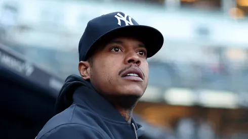 Marcus Stroman #0 of the New York Yankees looks on from the dugout before the game against the Arizona Diamondbacks at Yankee Stadium on April 01, 2025 in the Bronx borough of New York City.