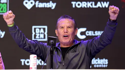 Julio Cesar Chavez reacts during a press conference at The Avalon on May 14, 2025 in Los Angeles, California.