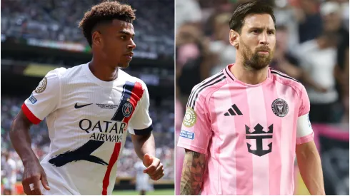 Desire Doue #14 of Paris Saint-Germain and Lionel Messi #10 of Inter Miami CF.