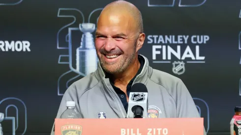 Bill Zito of the Florida Panthers speaks with the media prior to the start of the 2025 NHL Stanley Cup Final against the Edmonton Oilers at Rogers Place on June 3, 2025.