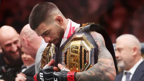 Ilia Topuria of Georgia looks on after knocking out Charles Oliveira of Brazil to win the lightweight main event title in the first round during UFC 317 at T-Mobile Arena on June 28, 2025 in Las Vegas, Nevada.