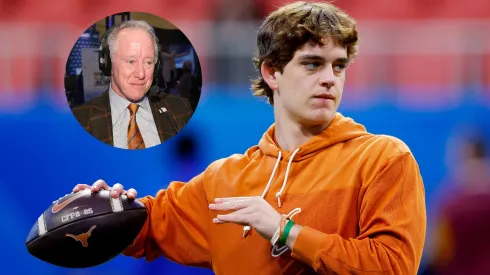 Arch Manning #16 of the Texas Longhorns warms up prior to the Chick-fil-A Peach Bowl Arizona State Sun Devils at Mercedes-Benz Stadium on January 01, 2025 in Atlanta, Georgia.