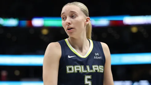 Paige Bueckers #5 of the Dallas Wings walks backcourt during a game against the Indiana Fever at American Airlines Center on June 27, 2025 in Dallas, Texas.