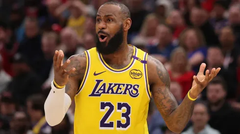 LeBron James #23 of the Los Angeles Lakers reacts against the Chicago Bulls during the second half at the United Center on March 27, 2025 in Chicago, Illinois.
