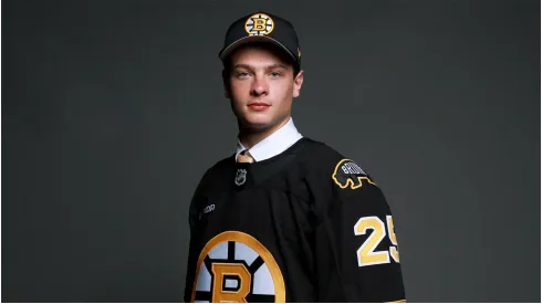 James Hagens poses for a portrait after being drafted by the Boston Bruins with the seventh overall pick during the first round of the 2025 Upper Deck NHL Draft at JW Marriott Los Angeles L.A. LIVE on June 27, 2025 in Los Angeles, California.