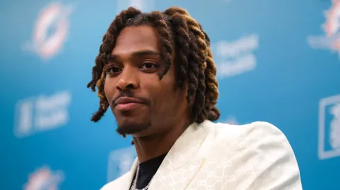 Jalen Ramsey of the Miami Dolphins speaks to the media during a press conference where he was introduced at Baptist Health Training Complex on March 16, 2023 in Miami Gardens, Florida.