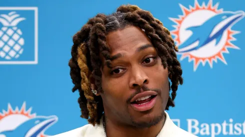 Jalen Ramsey of the Miami Dolphins speaks to the media during a press conference where he was introduced at Baptist Health Training Complex on March 16, 2023 in Miami Gardens, Florida.